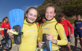 Claire MacLennan of Auckland and Lyvia Bowering of Whangarei. Claire was still buzzing at the Orca which had popped up at Cable Bay.