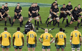 The Wallabies face the Haka at Eden Park, 2015.