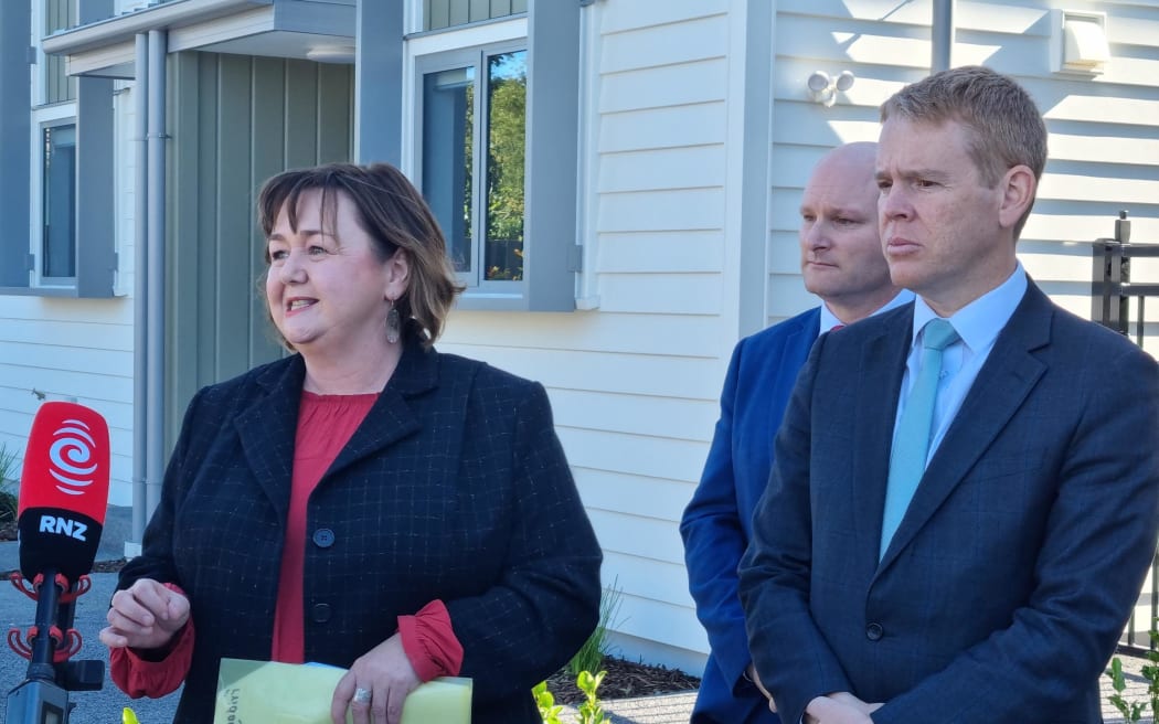 Prime Minister Chris Hipkins and Housing Minister Mehan Woods at Kainga Ora homes in Christchurch.