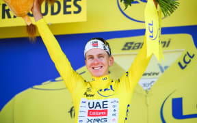 PEYRAGUDES, FRANCE - JULY 18 : Pogacar Tadej (SLO) of UAE Team Emirates - XRG on the podium with the yellow jersey during stage 13 of the 112th edition of Tour de France an UCI World Tour 2.UWT Individual Time Trial stage for Men Elite of 11 km with start in Loudenvielle and finish in Peyragudes on July 18, 2025 in Peyragudes, France, 18/07/2025 ( Motordriver Kenny Verfaillie - Photo by Vincent Kalut / Photonews
