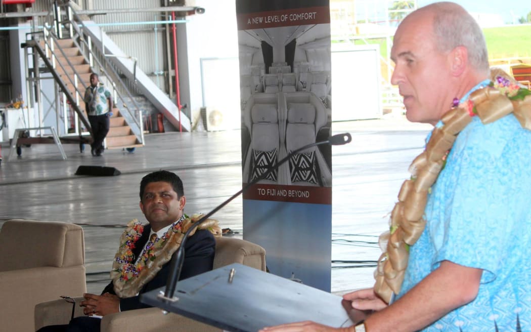 Outgoing Fiji Airways CEO Stefan Pichler with Fiji's Attorney-General Aiyaz Sayed Khiayum.