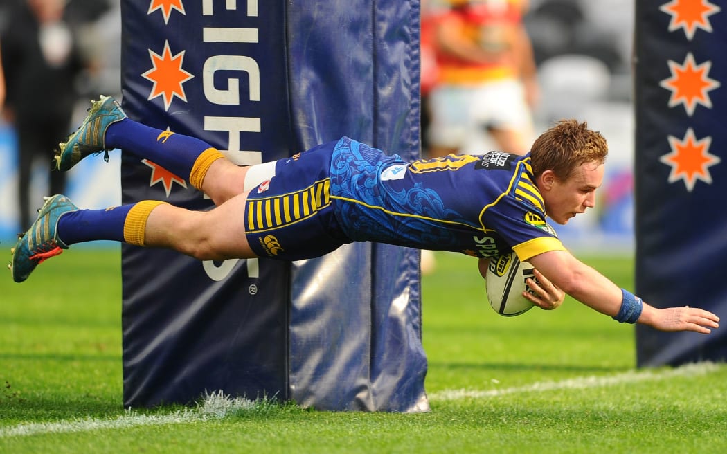 Otago pivot Hayden Parker dots down at Forsyth Barr Stadium