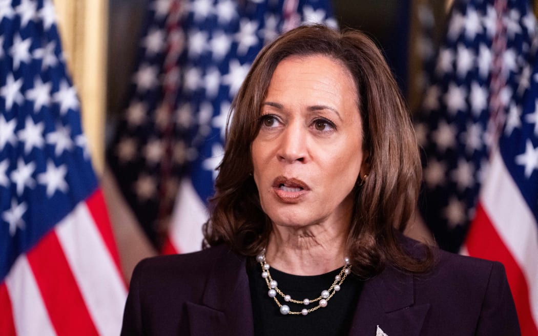 US Vice President Kamala Harris speaks to the press after meeting with Israeli Prime Minister Benjamin Netanyahu in the Vice President’s ceremonial office at the Eisenhower Executive Office Building in Washington, DC, on July 25, 2024.