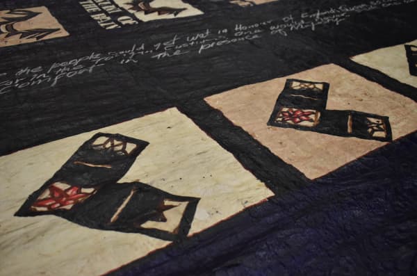 Tapa work on display at the Gus Fisher Gallery in Auckland.