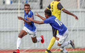 Solomon Islands Augustine Waita celebrates scoring a goal.