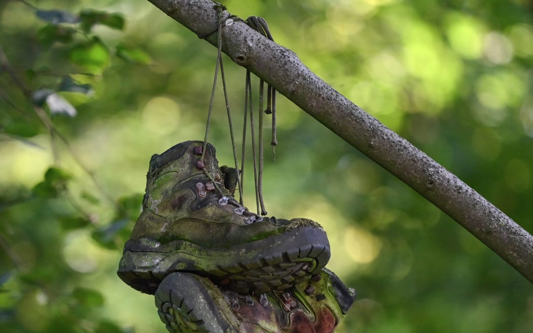 03 October 2020, Brandenburg, Müncheberg: A pair of old walking shoes are hanging from a tree in a forest. Photo: Patrick Pleul/dpa-Zentralbild/ZB (Photo by PATRICK PLEUL / dpa-Zentralbild / dpa Picture-Alliance via AFP)