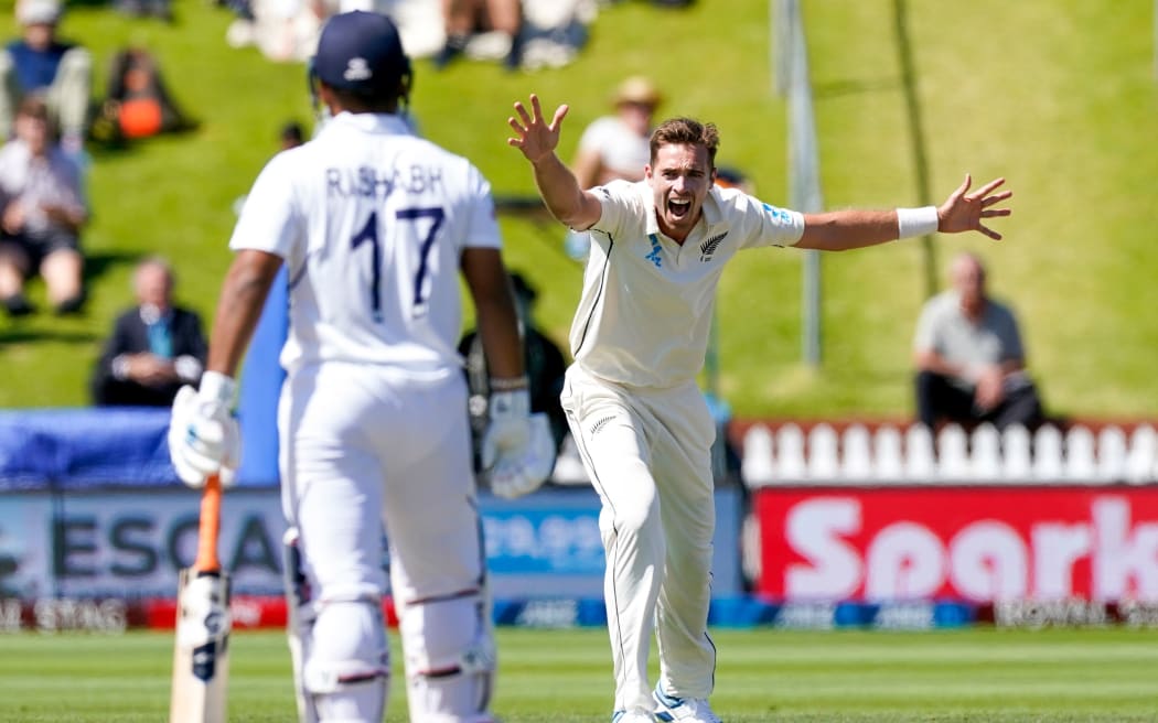 New Zealand's Tim Southee appeals for the wicket of India's Ishant Sharma.