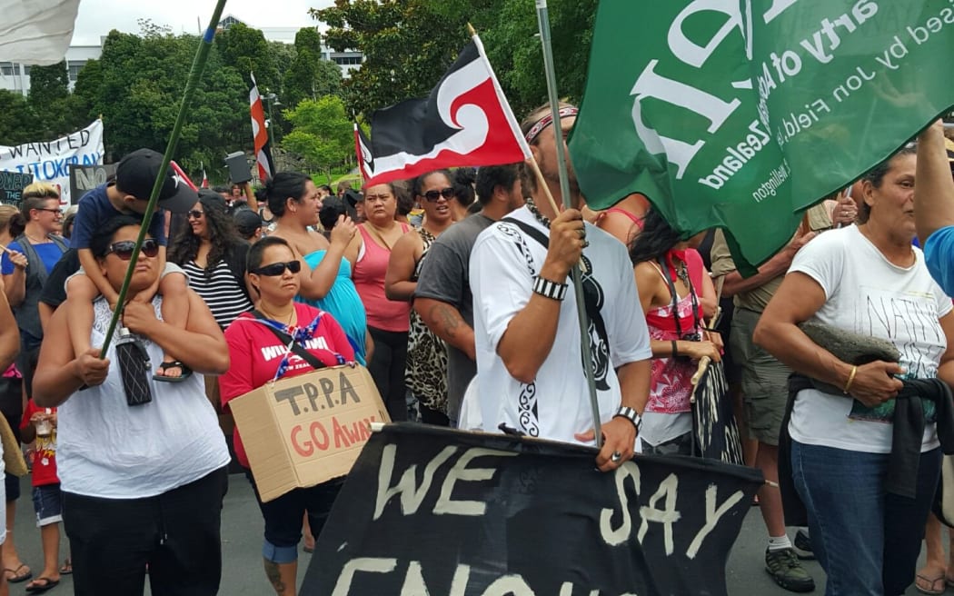 Anti-TPP marchers arrive in Whangarei on Wednesday.