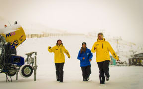 Coronet Peak staff (from left) Alice Dott, Nina Sevay and Willemijn Scholtens having fun in the snow.