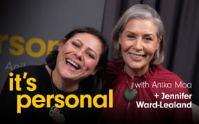 Jennifer Ward-Lealand joins Anika Moa in studio for season two of It's Personal. The words "It's Personal" appear in yellow and bold, with the words "with Anika Moa + Jennifer Ward-Lealand" in white.