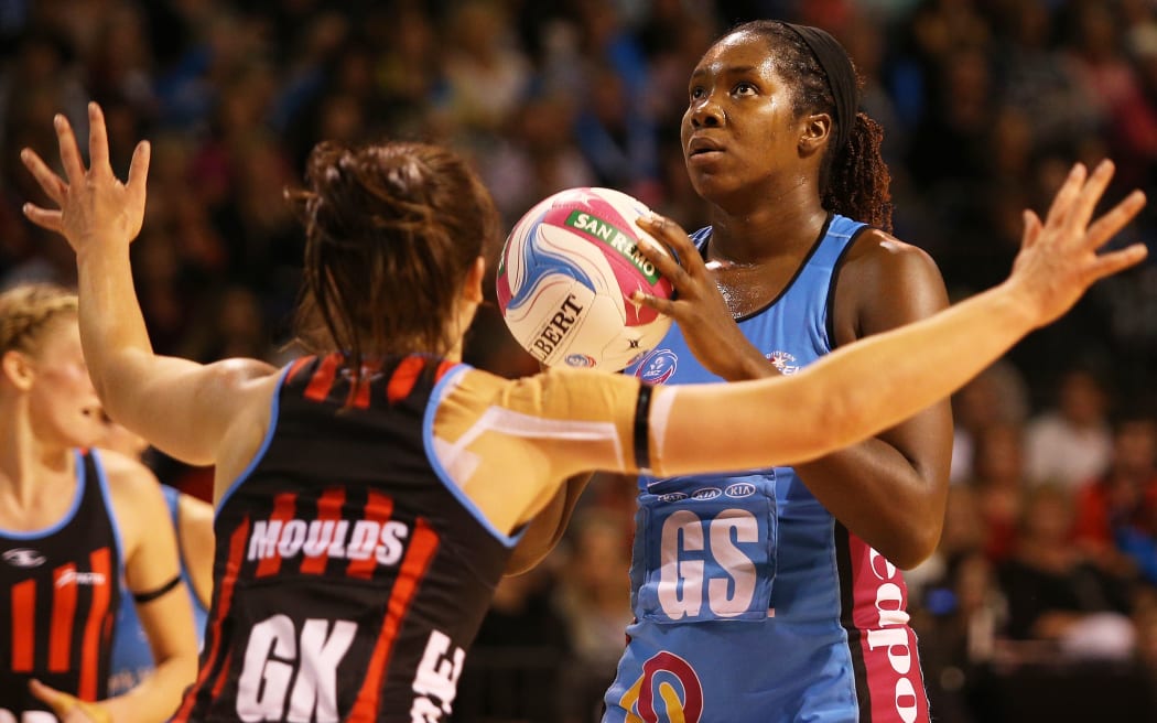 Jhaniele Fowler-Reid of the Steel lines up a goal against the Tactix.