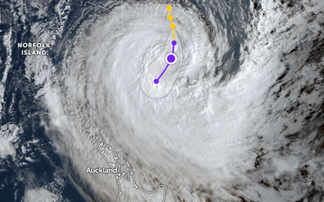 Satellite image of Vaianu showing the potential track as it heads towards New Zealand. Image / Zoom Earth