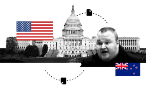 Composite of Kim Dotcom, US Capital building, US and NZ flags.