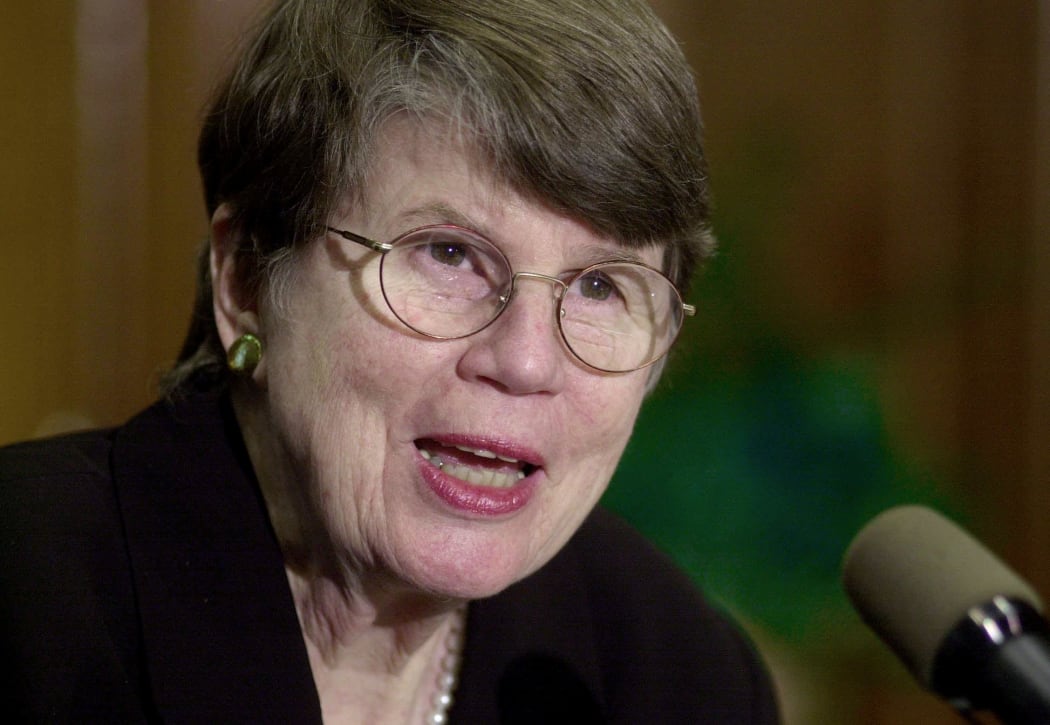 Janet Reno answering questions in April 2000 on the seizure of a 6-year-old Cuban raft survivor from his Miami relatives' home.