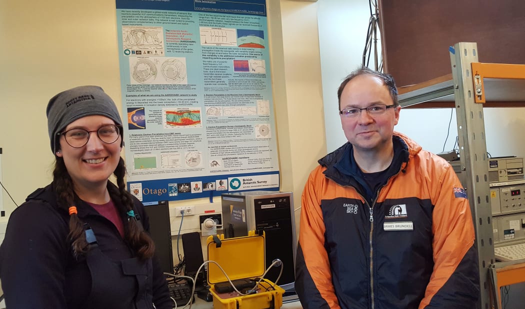 Physicist James Brundell from the University of Otago, with Masters student Emily Gordon. They are standing next to the computer at the Arrival Heights laboratory that collects the Very Long Frequency data they are interested in.