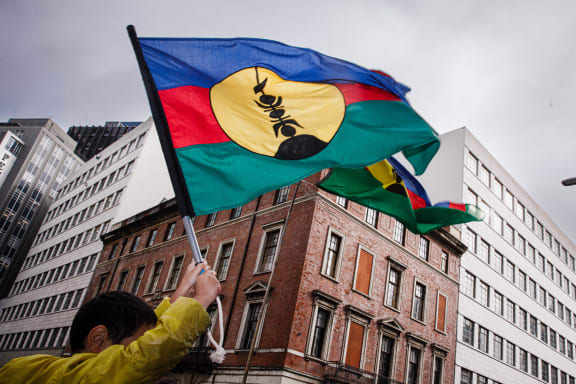 A pro New Caledonia protest outside the French Embassy in Wellington