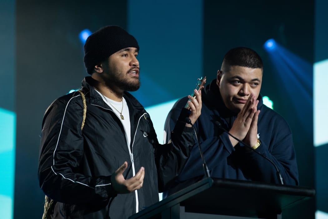 Auckland hip hop duo Church & AP accepting one of three awards they took home at the 2020 Pacific Music Awards