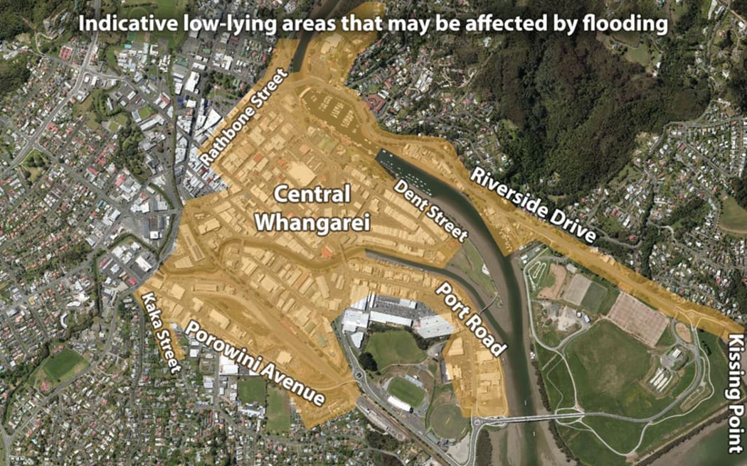 Areas in Whangārei that may be affected by flooding during Cyclone Gabrielle.