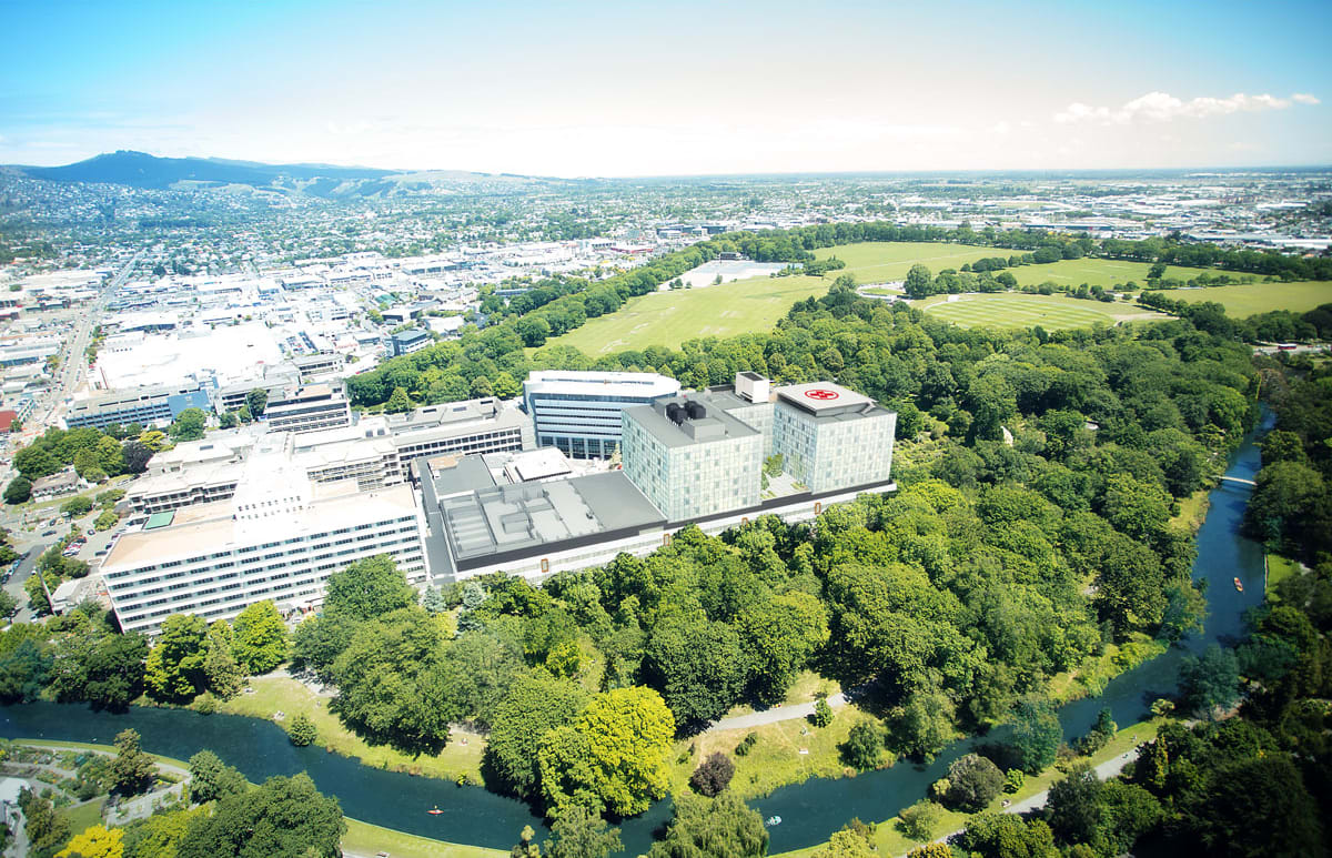 An aerial impression of the Christchurch Hospital campus.