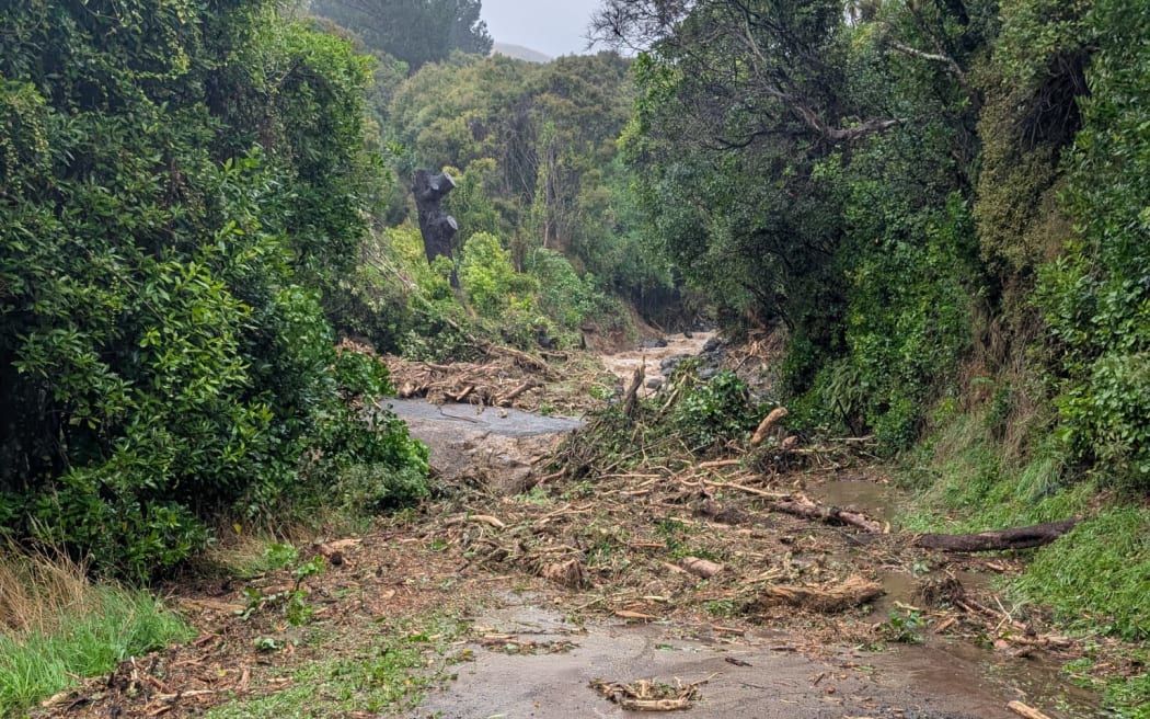 Slips and trees down across a road in Wainui, Banks Peninsula