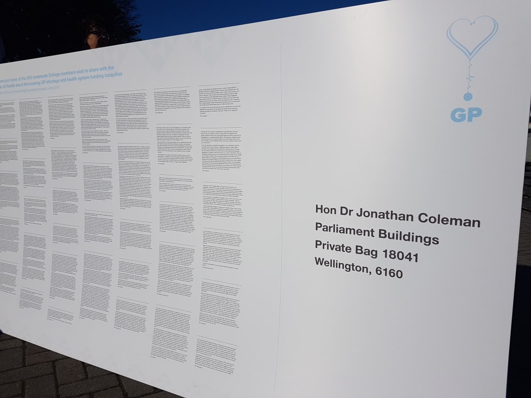 A giant postcard with some of the 350 messages from GPs around the country.