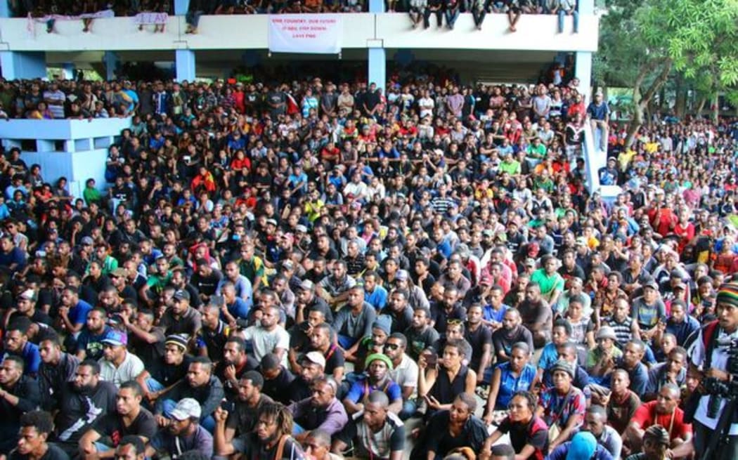 University of Papua New Guinea students gather to discuss their demand for the prime minister's resignation.