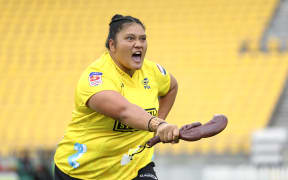 WELLINGTON, NEW ZEALAND - MARCH 09: Leilani Perese of the Hurricanes Poua leads a haka during the round two Super Rugby Aupiki match between Hurricanes Poua and Matatu at Sky Stadium on March 09, 2024 in Wellington, New Zealand. (Photo by Hagen Hopkins/Getty Images)
