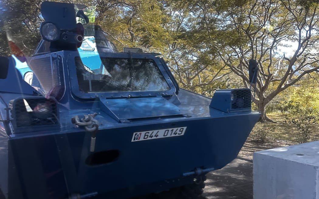 An armoured vehicle on the road amid unrest in New Caledonia, on Monday, 13 May, 2024.