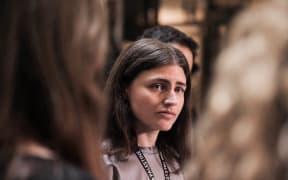 Chloe Swarbrick speaks at a media stand up on the tiles at Parliament after Darleen Tana was ejected from Parliament.