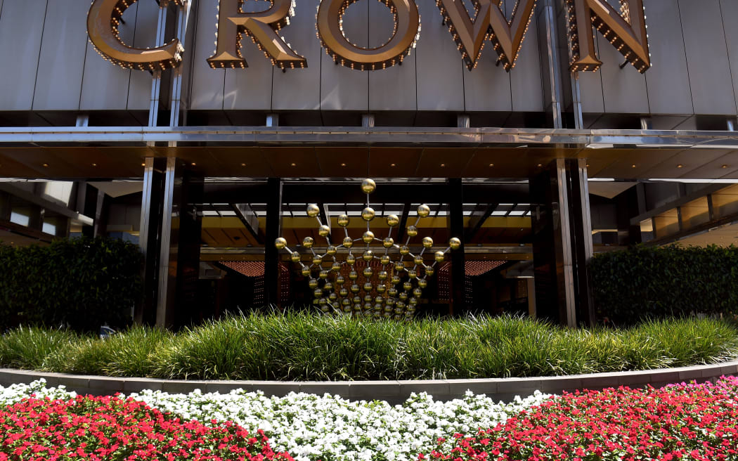 A Crown logo above the Melbourne Casino on 14 February, 2022.