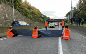 Protesters blocked the southbound of lane State Highway 1 at the Terrace Tunnel in Wellington