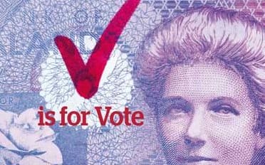 V is for Vote stamp featuring Kate Sheppard