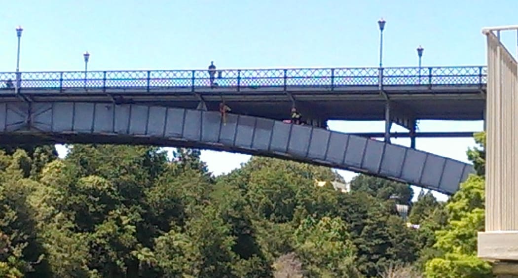 Police help a man down from Victoria bridge in Hamilton.