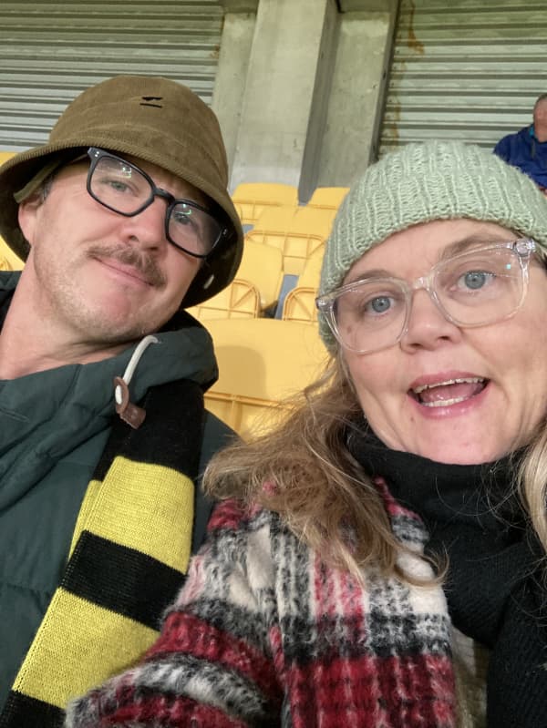 Lotta and Corin Dann at the Wellington Stadium watching the Phoenix.