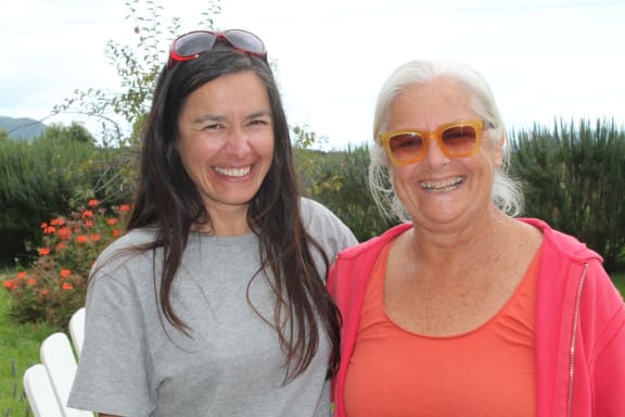 Playwright Mei-Lin Te Puea Hansen and Carla van Zon at Totaranui Orchard
