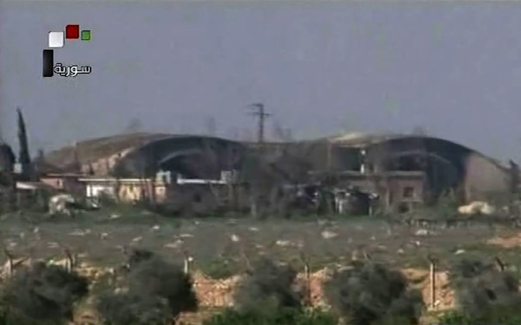An image grab taken from the state-run Syrian news channel reportedly shows a view of the Shayrat ("ash-Shairat") airfield that was the target of the attack.
