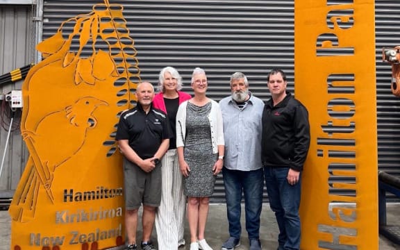 The panels being gifted to Hamilton Park at Ieper by Hamilton company Longveld. From left: Longveld director Les Roa, Mayor Paula Southgate, Pam Roa (Longveld director), Peter Bos, Chair of the Hamilton Ieper Project Trust, and Maangai Māori representative for Hamilton City Council, Lieutenant Colonel Olly Te Ua.