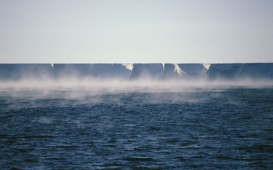 Frost smoke rises from the sea off the Ross Ice Shelf in Antarctica.