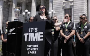 Wellington Mayor Tory Whanau speaks to crowds who gathered outside Parliament to celebrate the Black Ferns' World Cup win, on 13 December, 2022.