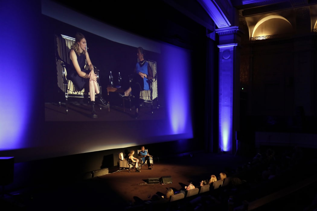 US whistleblower Chelsea Manning on stage and the big screen at the Embassy Theatre in Wellington.