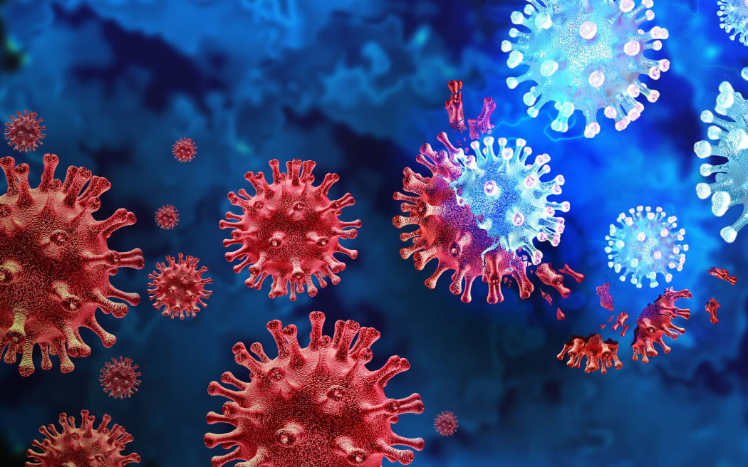 Mutating virus variant and cell mutation variants as a health risk concept and new coronavirus outbreak or covid-19 viral cells mutations and influenza background as a 3D render.