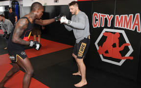 New Zealand's UFC fighters Israel Adesanya and Dan Hooker sparring at City Kickboxing gym, Auckland