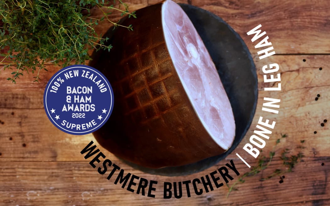 Westmere Butchery's bone in leg ham, which won the supreme award in the ham category of the 100% New Zealand Bacon & Ham Awards on 28 July, 2022.