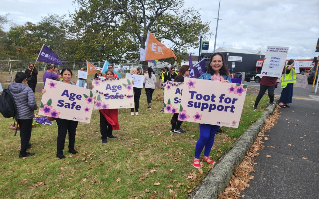 Aged care workers protesting Bupa roster changes in Auckland.