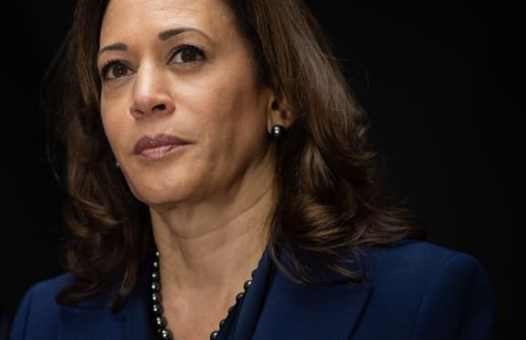 US Senator Kamala Harris speaks with survivors of sexual assault and supporters as they protest against Judge Brett Kavanaugh's nomination as an Associate Justice on the Supreme Court in 2018.