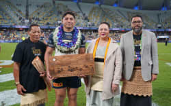 ason Taumalolo with Her Royal Highness Princess Angelika Lātūfuipeka Tukuʻaho and Tongan Prime Minister and Tonga Rugby League president Lord Fakafanua after the player’s 300th NRL game in Brisbane on Sunday.