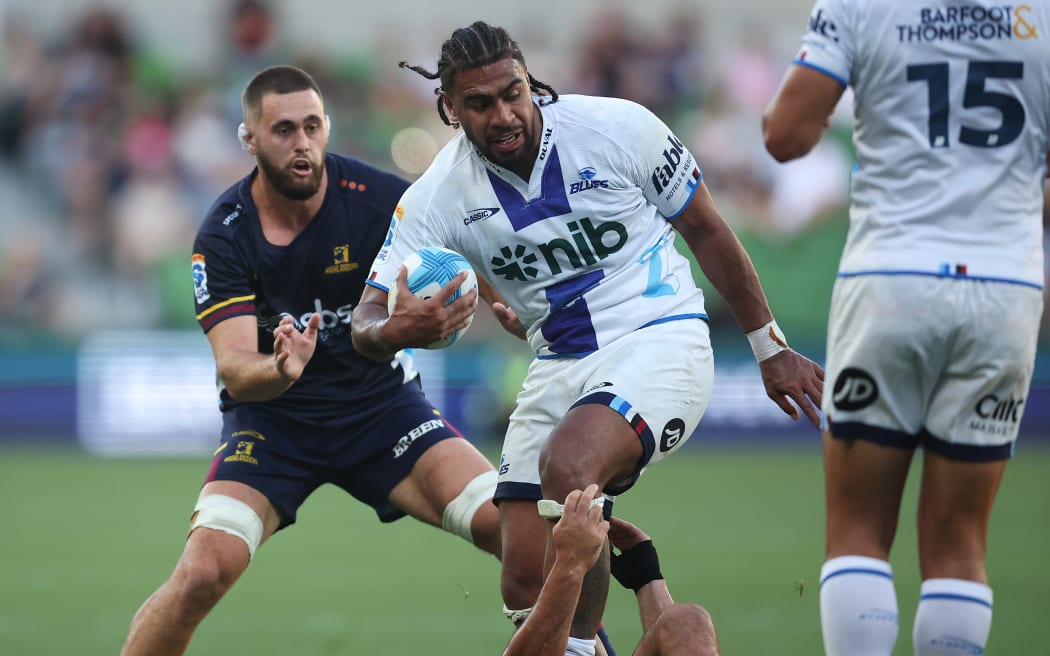 Hoskins Sotutu of the Blues in action during the round two Super Rugby Pacific match between Highlanders and Blues at AAMI Park.