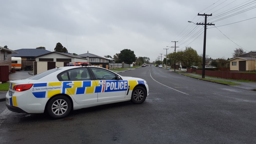 A police car near the scene of an Armed Offenders Squad call-out, Vogeltown, New Plymouth.