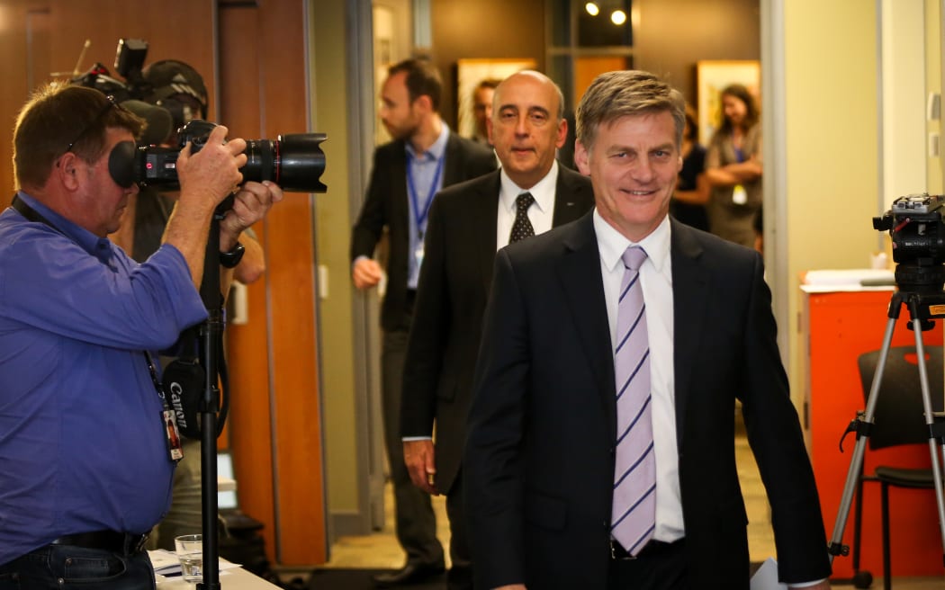 From right, Finance Minister Bill English and Secretary to the Treasury Gabriel Makhlouf preparing to release the Half Year Economic and Fiscal Update.