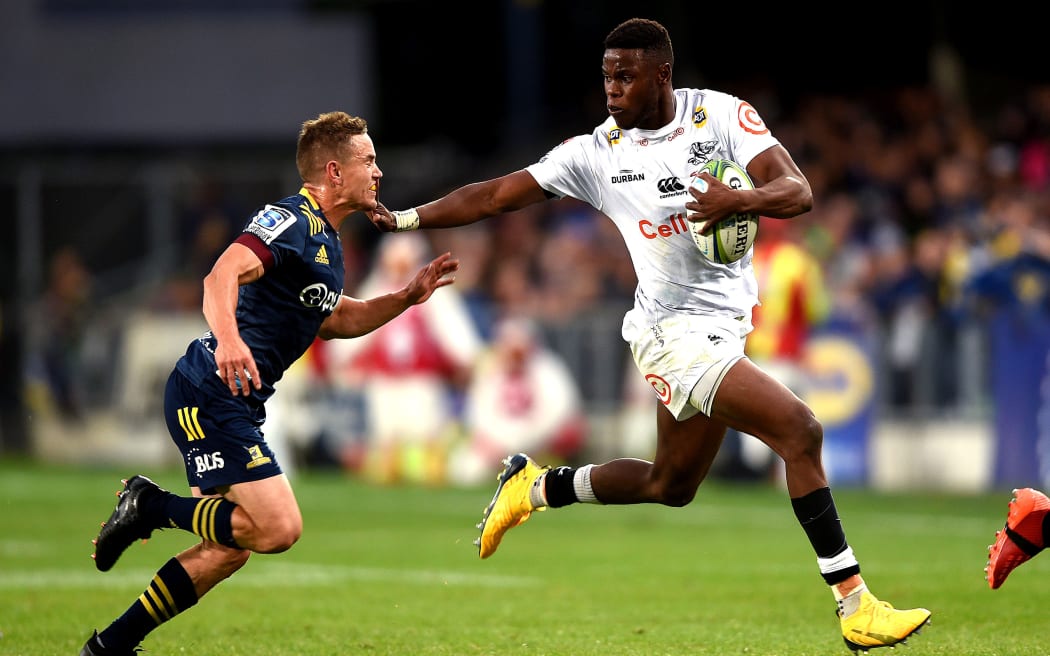 Aphelele Fassi of the Sharks, during the Super Rugby match between the Highlanders and the Sharks, held at Forsyth Barr Stadium.